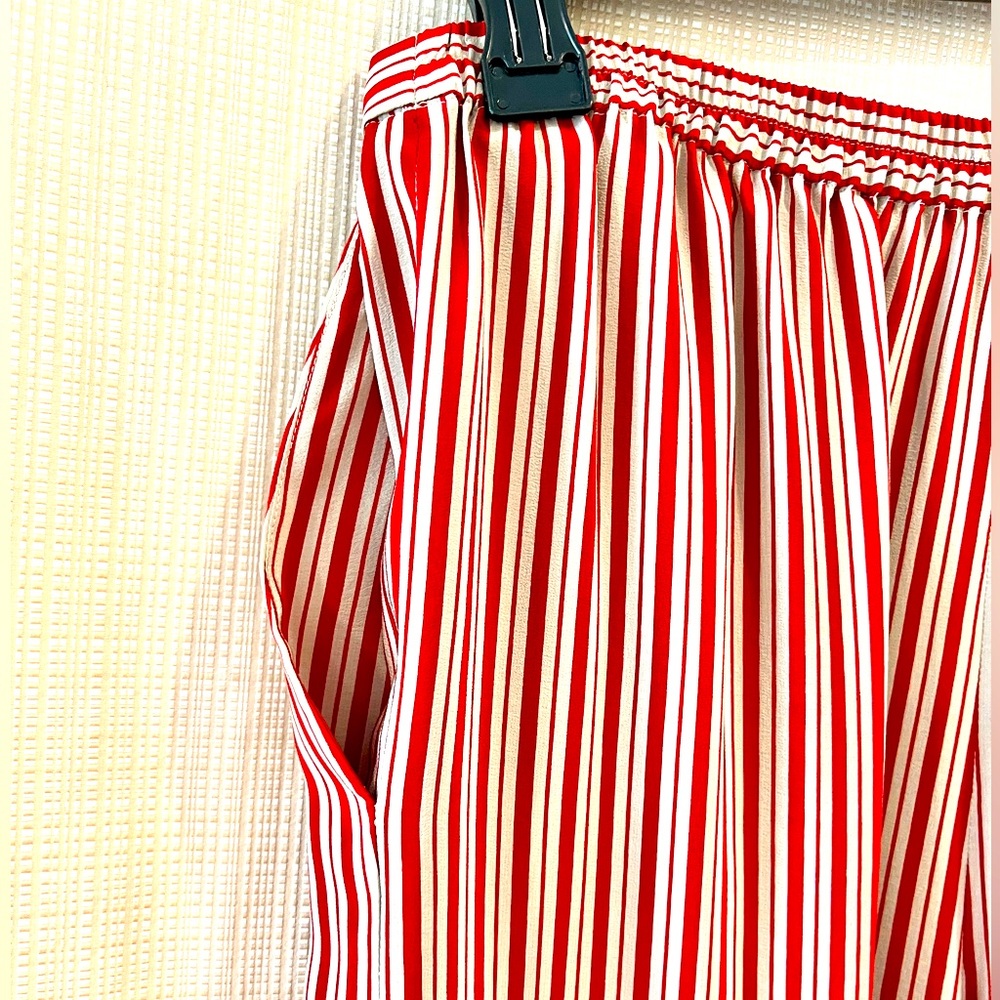 100% Silk Striped High Rise Relaxed Pants Red and Tan Vintage 90s Minimalist - Picture 8 of 16